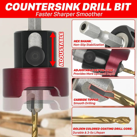 Carbide Tipped Countersink Drill Bit With Depth Stop 82 Degree 3/8 Inch Diameter 1/8 Inch Drill Diameter 1/4 Inch Shank KEENTECH