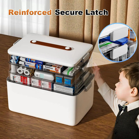 Four Tier Portable Medicine Storage Box Organizer With Handle For Home Travel First Aid Kit featuring reinforced secure latch in white