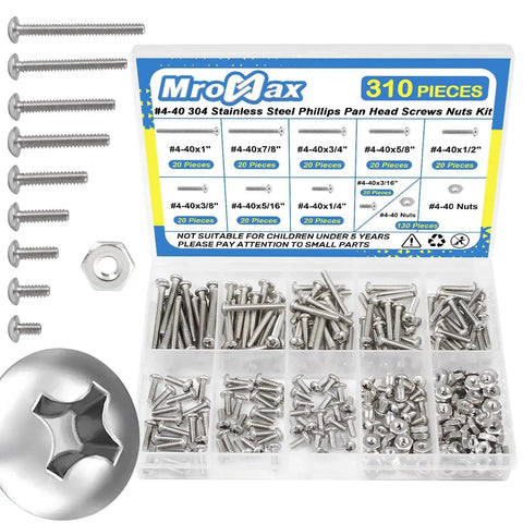 310 Piece 4-40 Phillips Pan Head Machine Screws Assortment Kit In 304 Stainless Steel with multiple lengths and matching nuts
