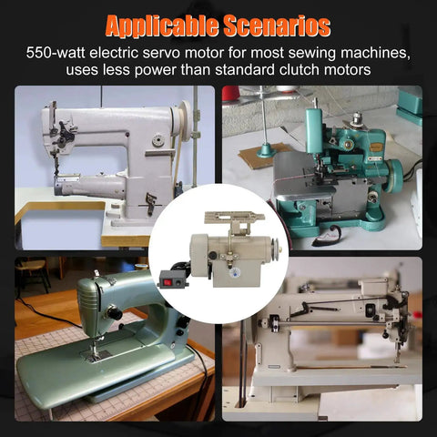 Beefy 550W Sewing Machine Servo Motor Workhorse for home and industrial use shown on different sewing machine models