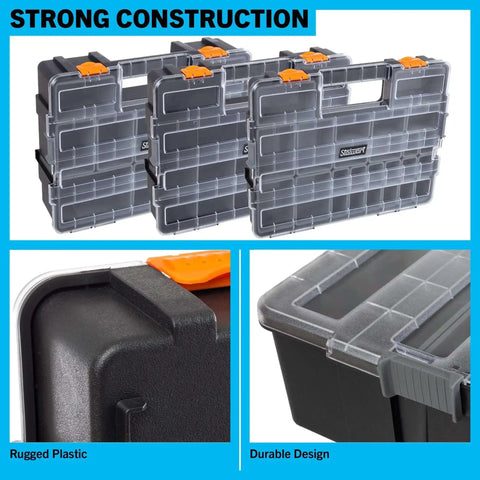 Three In One Portable Tool Box Organizer With Fifty Two Customizable Compartments for hardware storage, shown with clear lids.
