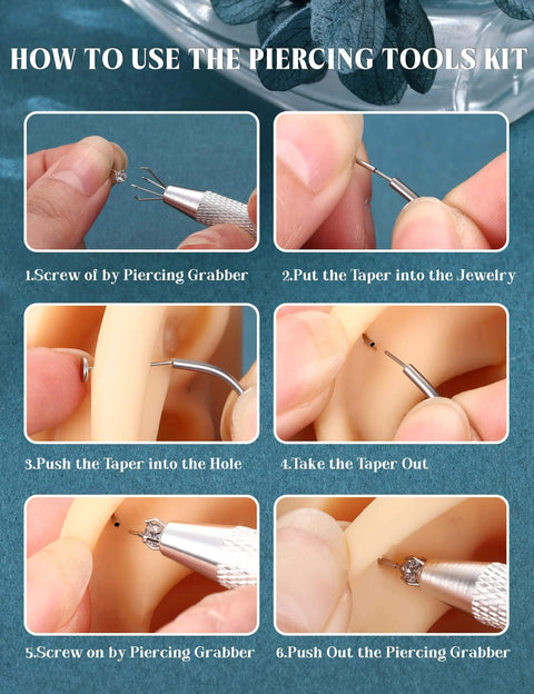 Steps to use Titanium Piercing Threader Tool Kit For 14G 16G 18G 20G Insertion And Stretching with images of tool in action.