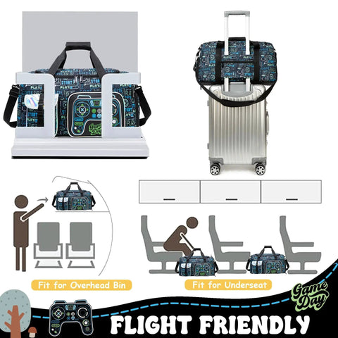 Kids 3 Piece Luggage Set 16 Inch Hardside Suitcase with Spinner Wheels showing duffle bag, overhead fit, and underseat fit.