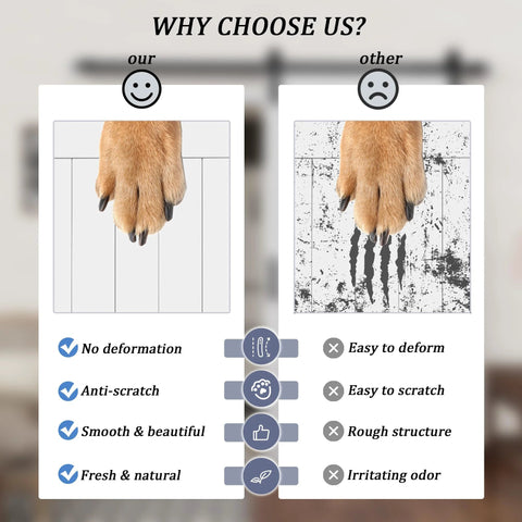 Comparison of dog paws on sliding barn door showing anti-scratch features versus scratched surface with benefits listed.