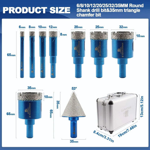 Dry Diamond Core Drill Bit Set For Tile And Stone Pro Grade By BRSCHNITT with various drill and chamfer bits in a case