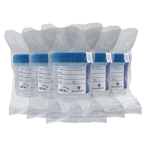 SNL sterile specimen cups, 3 oz (90 ml), blue screw-on lids with tamper-evident seal; 5-pack