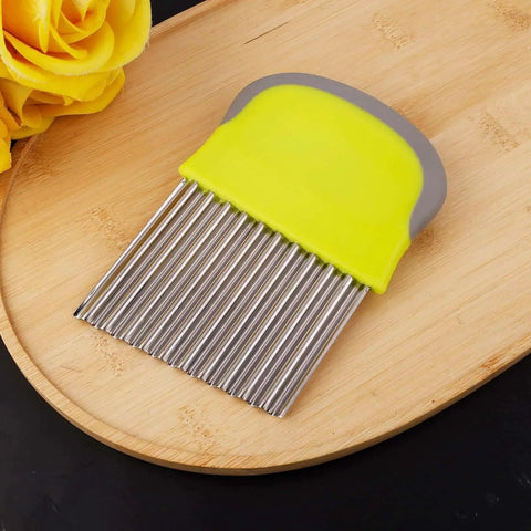Crinkle Cutter Knife With Wavy Blade For French Fries And Veggies, Stainless Steel Potato Carrot Chip Cutter on wood board