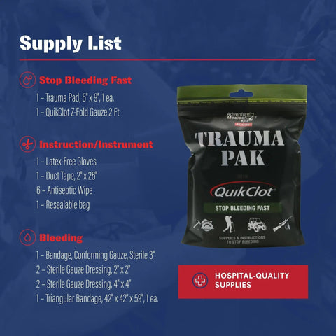 Trauma Pak First Aid Kit With QuikClot Sponge packaging and supply list including gauze, trauma pad, bandages, and medical essentials.