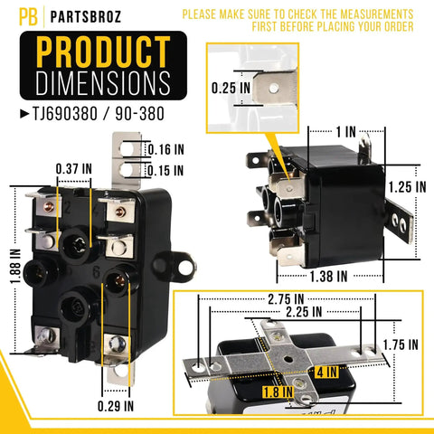 TJ690380 90 380 Fan Relay For White Rodgers HVAC Systems with dimensions and connectors visible