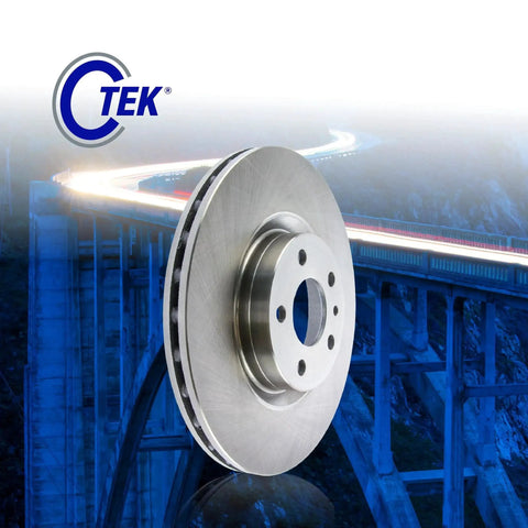 Front brake rotor disc, silver metal with central hub and bolt holes; automotive part with Tek logo