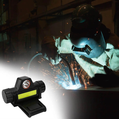 Rechargeable Welding Helmet Light Attachment With Mount For Hard Hats Dual Beam Headlamp With Automatic Dimming Waterproof And Compact 8cm Clip On Design For Boss Level Worksite Lighting shown with welder using it.