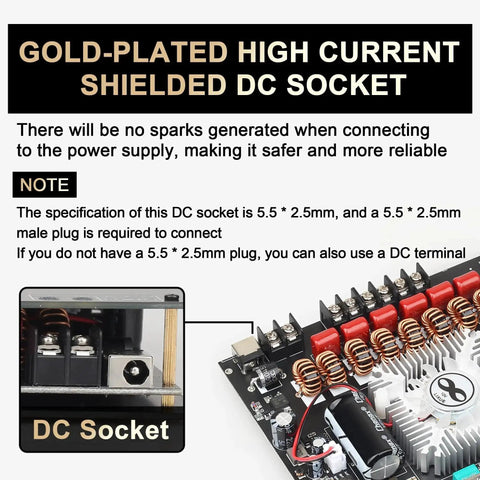 Diagram showing the gold-plated high current shielded DC socket on the Beefy 2.1 Channel Bluetooth Amplifier Board With Subwoofer.