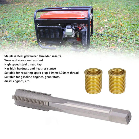Real Deal Spark Plug Thread Repair Kit With M12 X 1.25 Inserts And M14 X 1.25 Tap, shown with gasoline engine and inserts