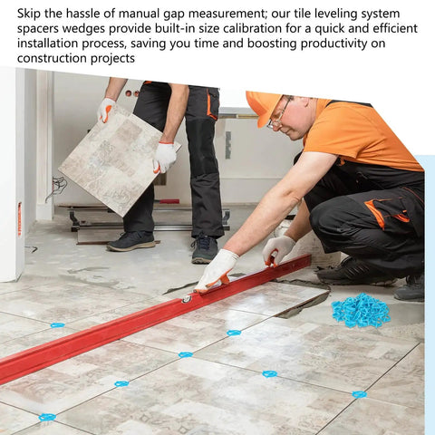 Workers installing tiles using 500 PC Eighth Inch Tile Spacers Set Removable Cross Corner Reusable Spacers Blue on floor