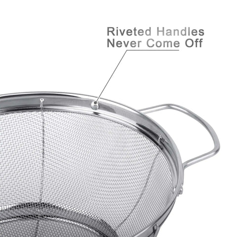 Close-up of 18/8 stainless steel colander with riveted handle, part of Three Pack 18/8 Stainless Steel Colander Sieves Set With Handy Handles.