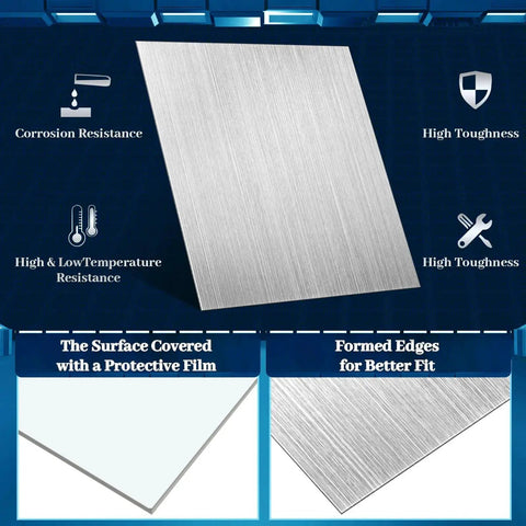 Eight Pack 304 Stainless Steel Craft Sheets With Double Side Film Attached Measuring Six By Six Inches And 0.04 Inch Thick for DIY Projects and Kitchen Crafting Brushed Finish Premium 304L Metal Plates For Crafts.
