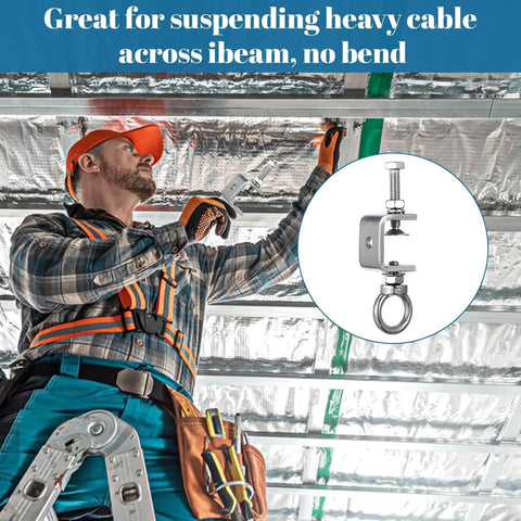 Installation of Six Pack 1 Inch C Clamps With I Beam Design U Clamps Stainless Steel M8 Screw Ring on metal beam by worker