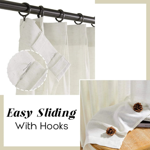 Extra Wide Linen Curtains With Tailored Pinch Pleat Top For Track System With Hooks, light filtering semi sheer panel, detail view.