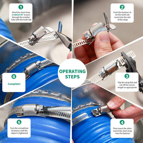 OURU 30ft stainless steel hose clamp kit by Amazon; six-step installation collage on blue pipe