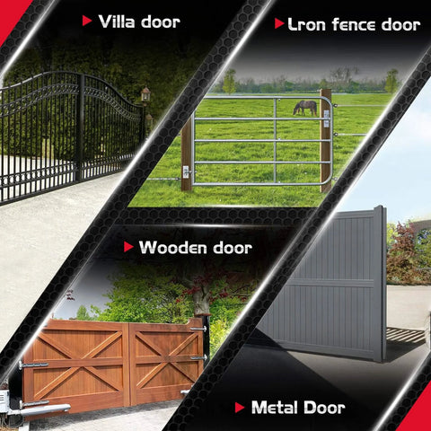 Collage of different gates: villa gate, iron fence gate, wooden gate, and metal gate.
