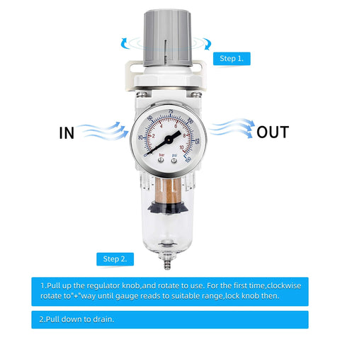NANPU 1/4 in NPT air filter regulator combo with gauge, 5 micron brass element, poly bowl, metal bracket, 0-150 psi