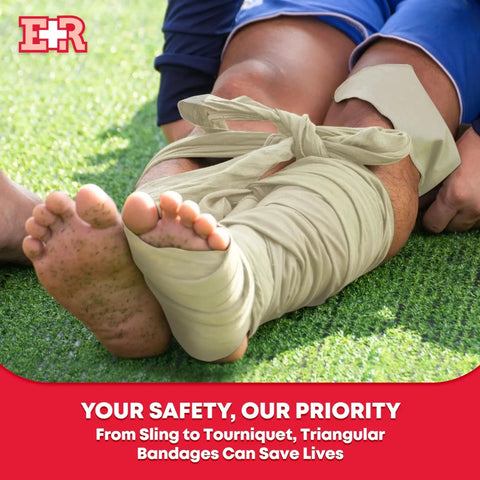 Person's leg wrapped with bandage from Home First Aid Triangle Bandage Set 40 By 40 By 56 Inches, 12 Count, 100 Percent Cotton.