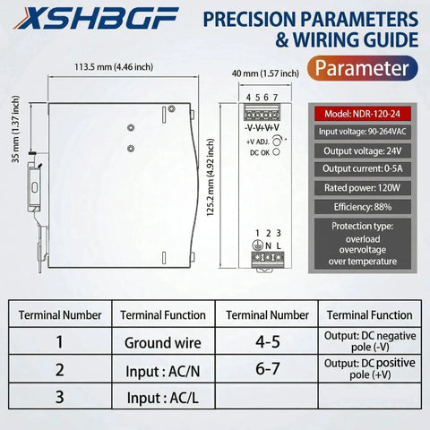 NDR-120-24 Beefy 24V DC DIN Rail Power Supply dimensions and wiring specifications chart
