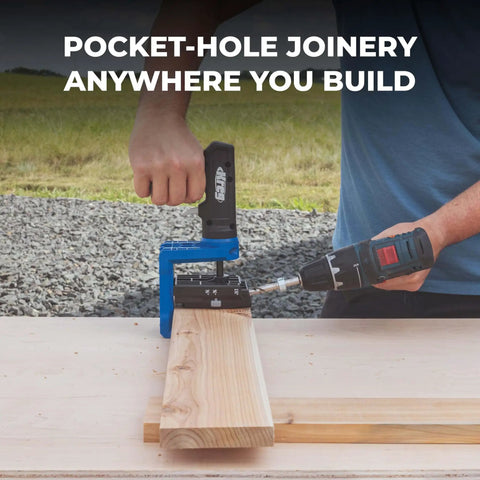 Pocket Hole Jig 520PRO with easy clamping and adjusting, 360 degree rotating handle in use on a piece of wood outdoors.