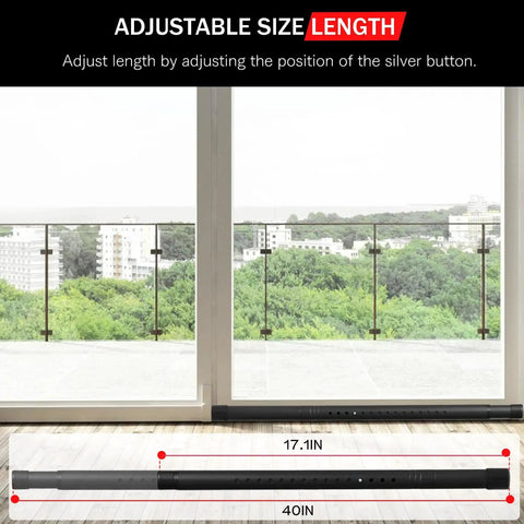 1.25 Inch Diameter Sliding Door Security Bar For Home, Adjustable From 17.1 To 40 Inches, Black Stainless Steel Patio Glass Door Lock Bar With Rubber Tips, Rust Resistant, Durable Security Bar For Sliding Doors And Windows displayed with adjustable length