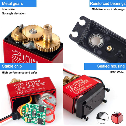 20Kg Digital RC Servo Motor with metal gear, reinforced bearings, stable chip, and sealed housing for high-torque RC cars and robots