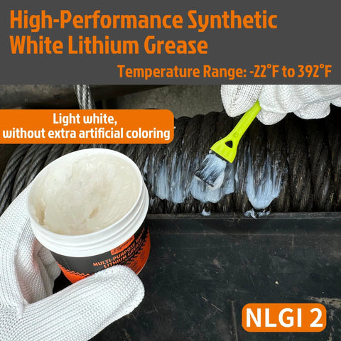 White lithium grease tub close-up being brushed onto a metal cable drum; NLGI 2 badge visible.