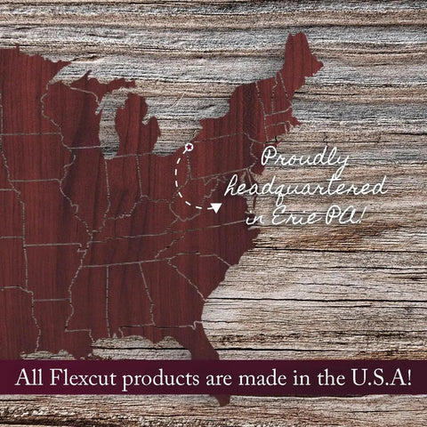 Map showing Flexcut headquarters in Erie, PA, highlighting 'Proudly headquartered in Erie, PA! All Flexcut products are made in the USA.'