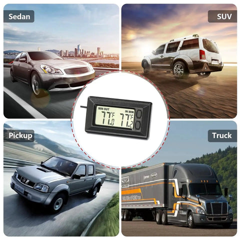 Dual Display Car Thermometer Indoor Outdoor Fahrenheit Celsius Max Min Memory showing in sedan, SUV, pickup, and truck