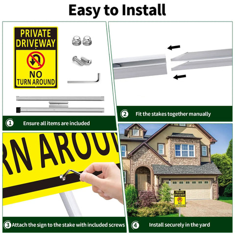 Installation guide for 2 Pack No Turn Around Driveway Sign 14x10 Inch Heavy Duty Aluminum Private Driveway Signs with stakes.