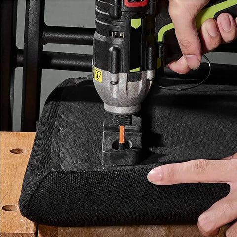 Impact Hex Bit Set 3/16 Inch 10 Piece in use with drill driver on upholstery, highlighting CNC machined magnetic tips.