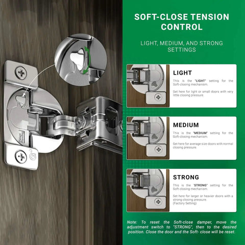 Diagram showing soft-close tension control for Soft Close Cabinet Hinges With 1-1/4 Inch Overlay For Face Frame Cabinets, Wrap Around Mount, 108 Degree Angle, Press In Dowel, 45mm Screw Pattern, Nickel Plated, 50 Pack G02910A-15 TEC 864.