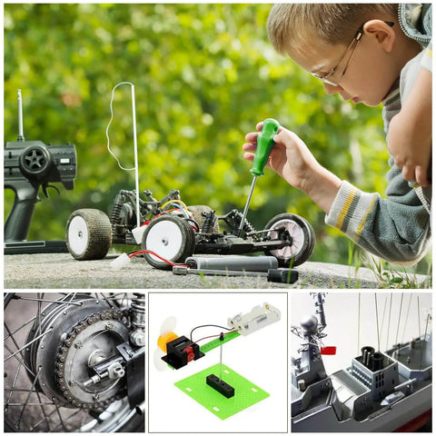 Child repairing RC car outdoors; close-ups of model components and gears illustrating DIY use of 304 Stainless Steel Round Rod 2mm By 350mm 10 Pack Lathe Bar Stock Pro Grade For Industry And Metalworking Hobbyists DIY Craft Projects, Precision Shaft Dowel For Models, Gears, Motors, And Crafting Must Haves.