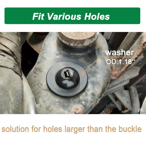 Universal Cable Tie Buckle Kit washer installed on automotive part with text indicating fit for various holes