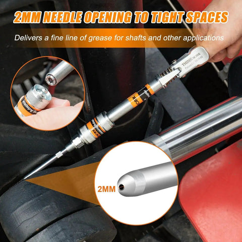 Grease Gun Coupler Set With Double Handle For Extra Reach And 90 Degree Adaptor One Eighth NPT Fittings And Cleaning Tool Plus Narrow Needle Dispenser For Jaw Type Couplers And High Pressure 12000 PSI Use With All Grease Guns Thinkwork in use, showing 2mm needle applying grease to machinery.