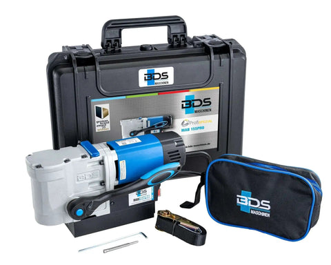 Ultra Compact Magnetic Drill With LED Light And Rear Mounted Control For Easier Handling, 110 Volt Power, One And A Half Inch Hole Capacity, Accepts Three Quarter Inch Weldon Shank Cutters, Left Or Right Lever Mount, Made In Germany, CS Unitec MAB 155PRO with carrying case and attachments.