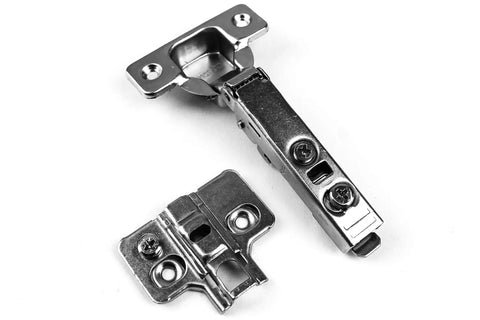 Two Pack Frameless Cabinet Hinges With No Squeak Soft Close, 90 Degree Restricted Opening, metal parts shown