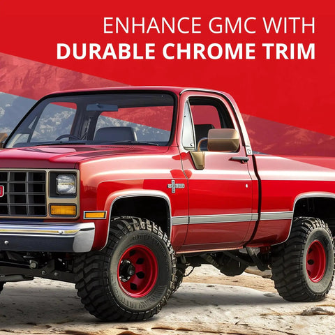 Square Body Side Molding Chrome Trim 2.25 In For 1973-1987 Chevy C10 GMC Trucks installed on red GMC pickup