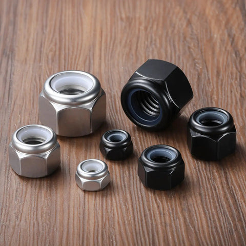 50 Pack M8 X 1.25 Nylon Insert Lock Nuts DIN 985 Black Zinc Plated Self Locking Hex Nylock Nuts displayed on a wooden surface