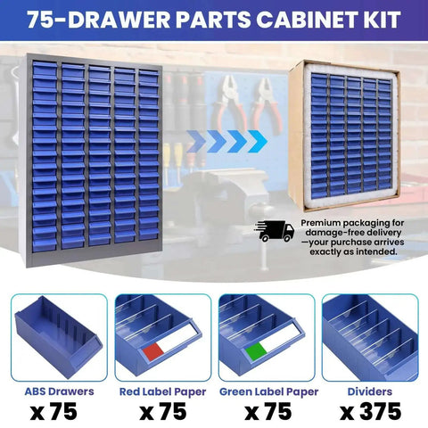 75 Drawer Nut And Bolt Storage Organizer With Anti Drop Design, Heavy Duty Steel Parts Cabinet With ABS Drawers shown