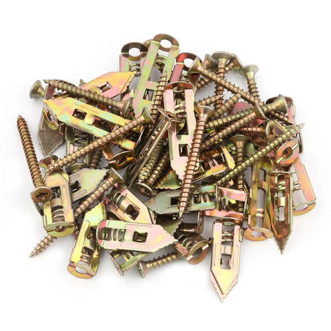 Pile of zinc plated steel self drilling drywall anchors and screws kit. 60 piece set with 30 anchors and 30 screws in two sizes.