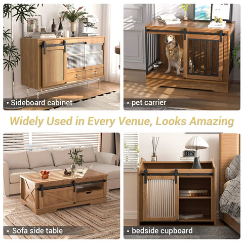 Collage showing sliding barn door cabinets used as sideboard, pet carrier, sofa side table, and bedside cupboard.