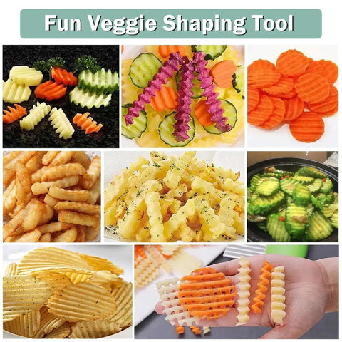 Crinkle Cutter For Veggies And Fries With Stainless Steel Blade Wavy Edge French Fry Crinkle Cutter Slicer For Homemade Crinkle Fries And Veggie Shapes Your Go To Kitchen Tool For Potatoes Carrots Cucumbers Easy To Use on assorted crinkle-cut vegetables and fries.