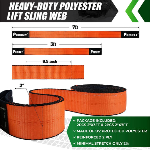 Heavy Duty Lift Sling Set With Four Straps Two 2x3Ft And Two 2x7Ft Eye To Eye Nylon Hoist Straps 18800 Lb Capacity shown