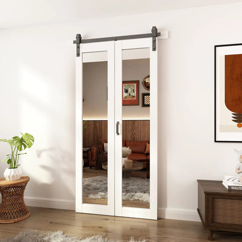 Bifold Barn Door With Mirror Panels And Hardware Kit For Closets And Rooms 40 By 84 Inches Sleek White Modern Style Durable MDF And Shatterproof