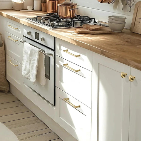 10 Pack Champagne Bronze Cabinet Pulls 5 Inch 128mm Modern Drawer Handles installed on white kitchen cabinets with wood countertop.